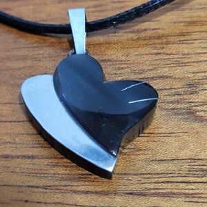 Vintage Carved Smokey Black with Applied Inlayed Silver Tone Metal Heart Pendant